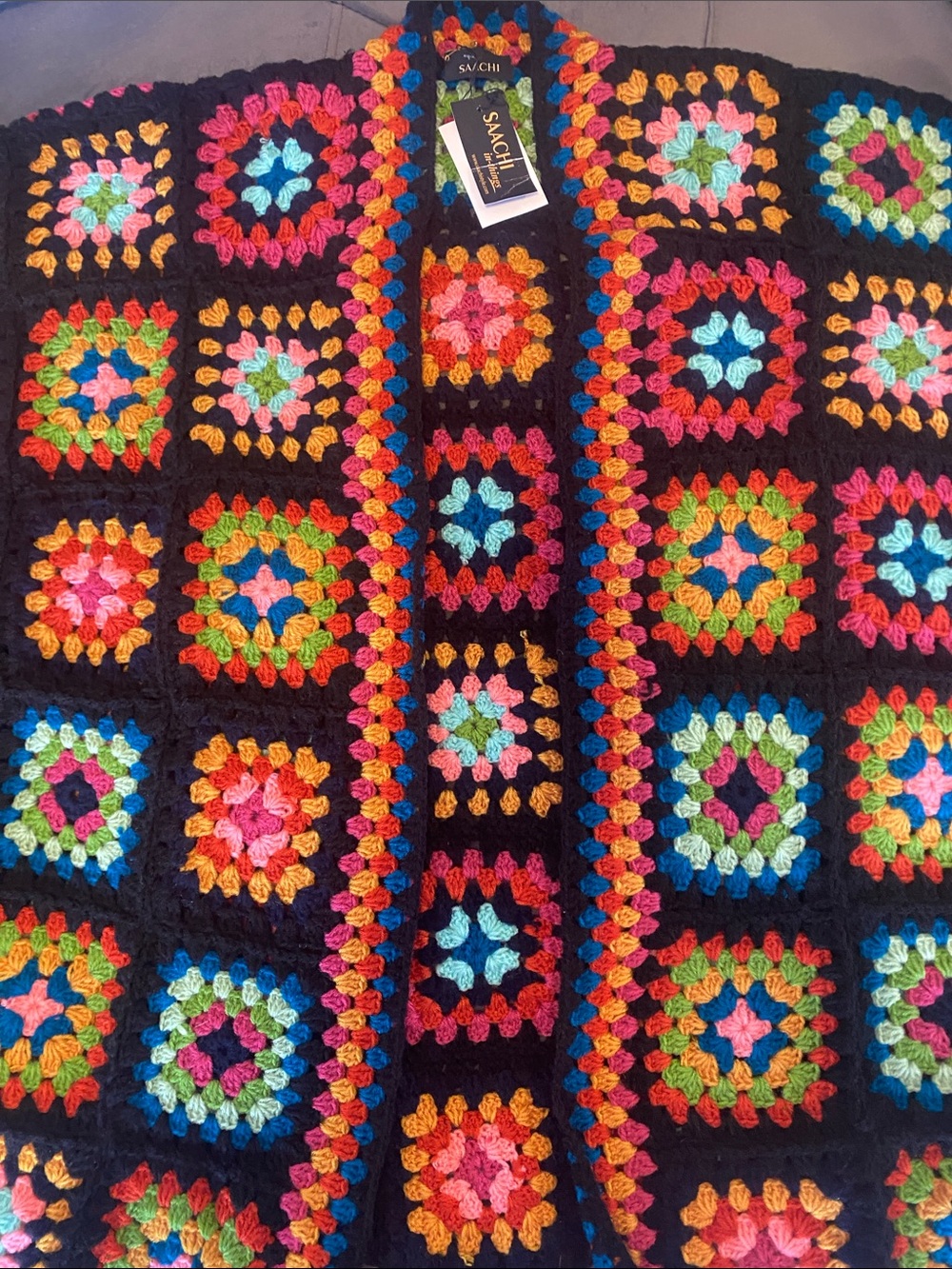 SACHI Black Crochet Granny Square Poncho with Multicolor Squares